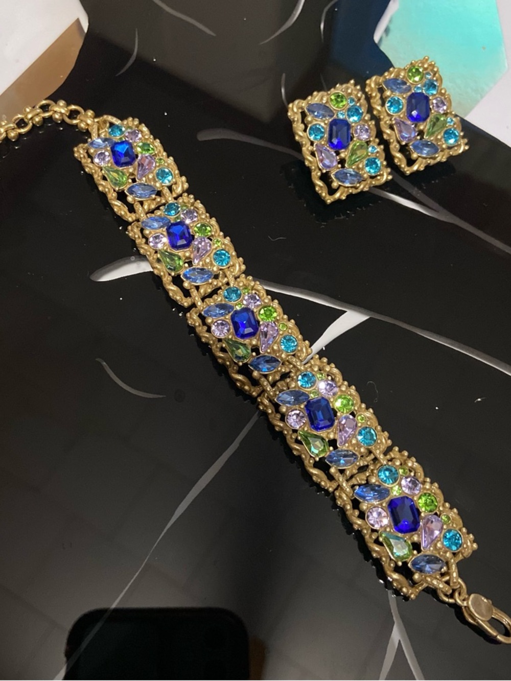 Vintage Antique gold Multicolor Crystal Bracelet and Earrings Set